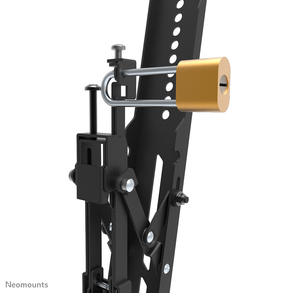 Een zwarte metalen beugel met een goudkleurig hangslot dat een mechanisme vastzet. Schroeven en scharnieren zijn zichtbaar, tegen een witte achtergrond.