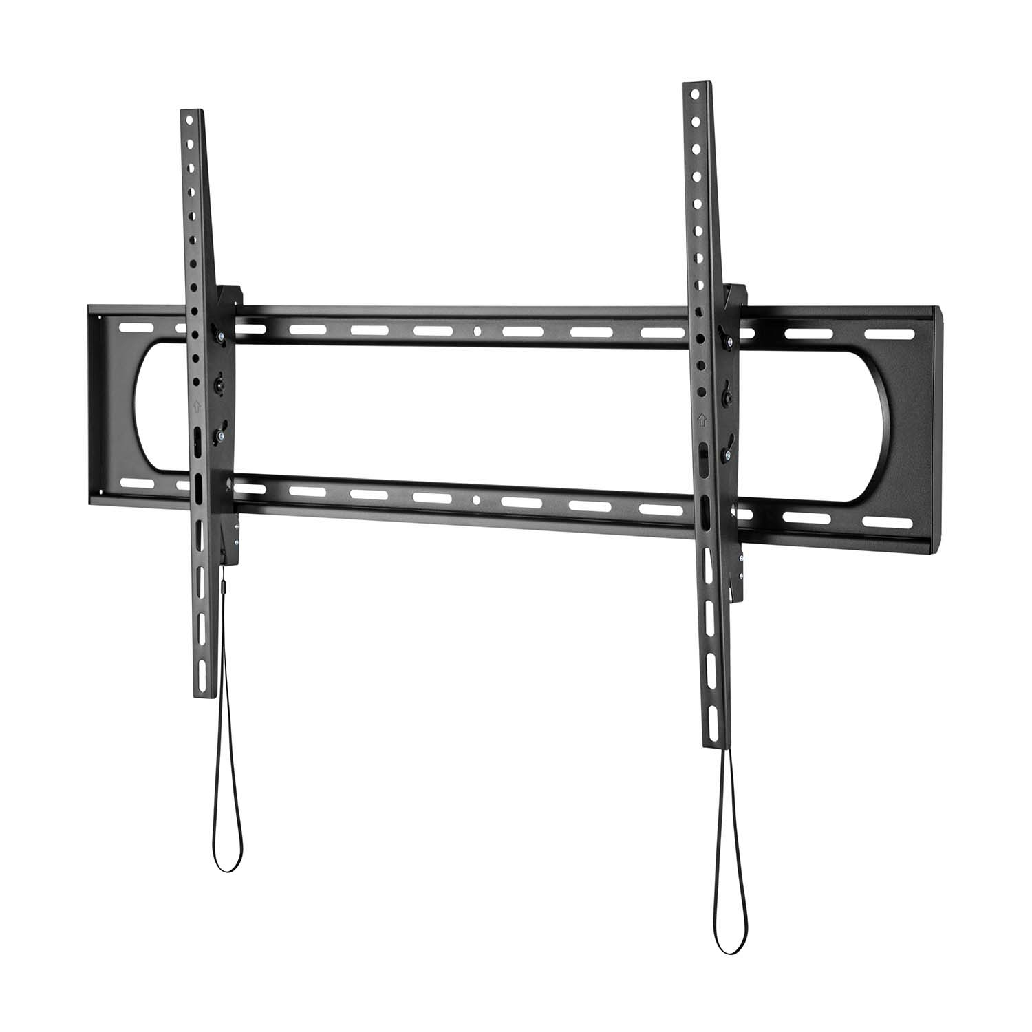 Un soporte de pared para TV negro. Tiene dos barras verticales con agujeros y vigas de soporte horizontales. Cuerdas negras cuelgan de las barras verticales.