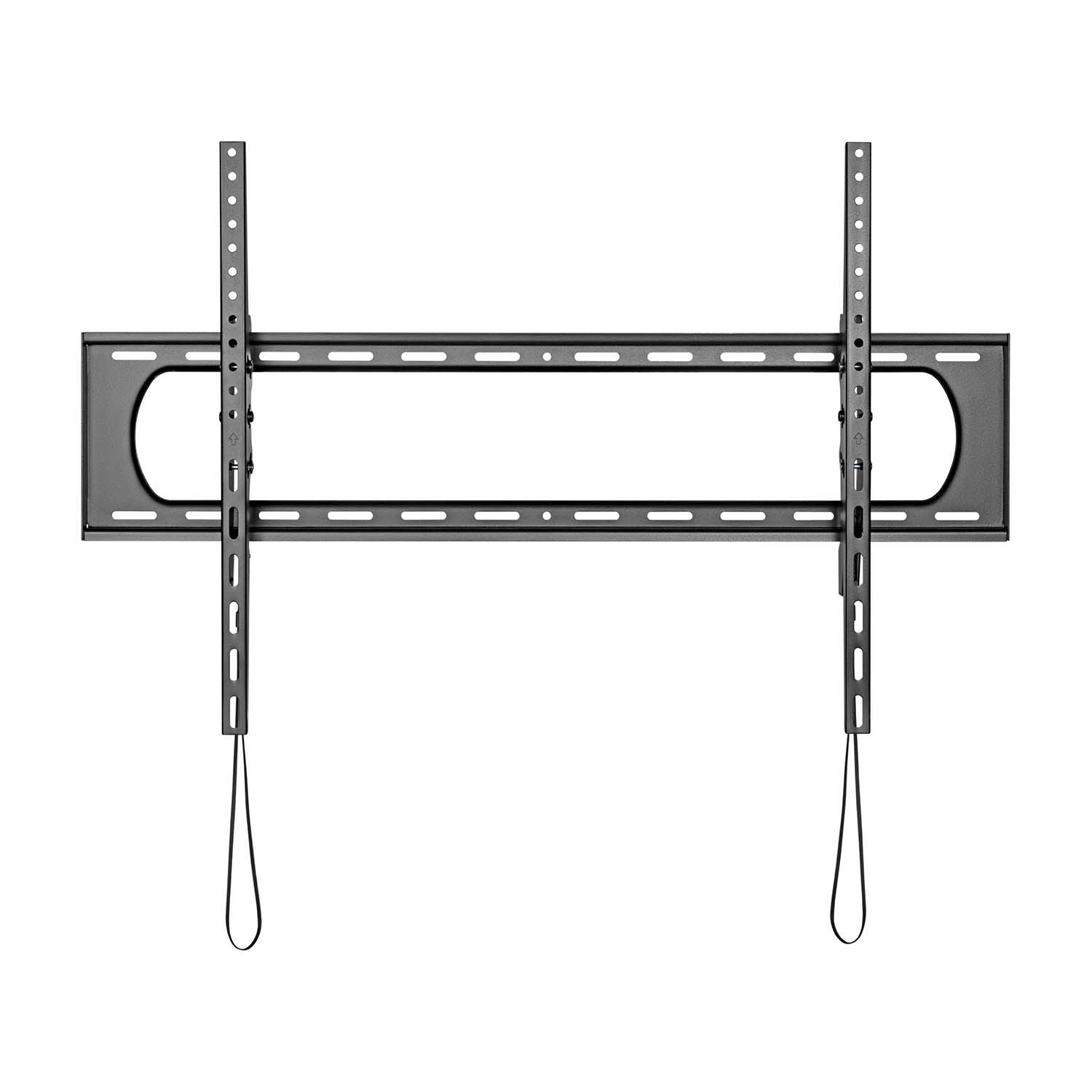 Un soporte de pared para TV negro sobre un fondo blanco. Tiene dos soportes verticales y una barra horizontal con agujeros. Se ven correas colgantes.