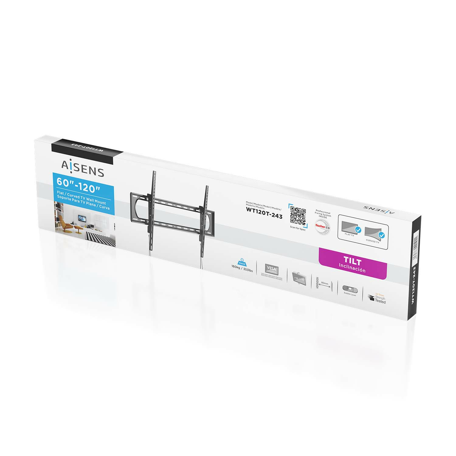 Una caja de soporte de pared para TV, marca AISENS, modelo WT120T-243, para TV plana/curva, con especificaciones para TV de 60"-120" y compatibilidad VESA.