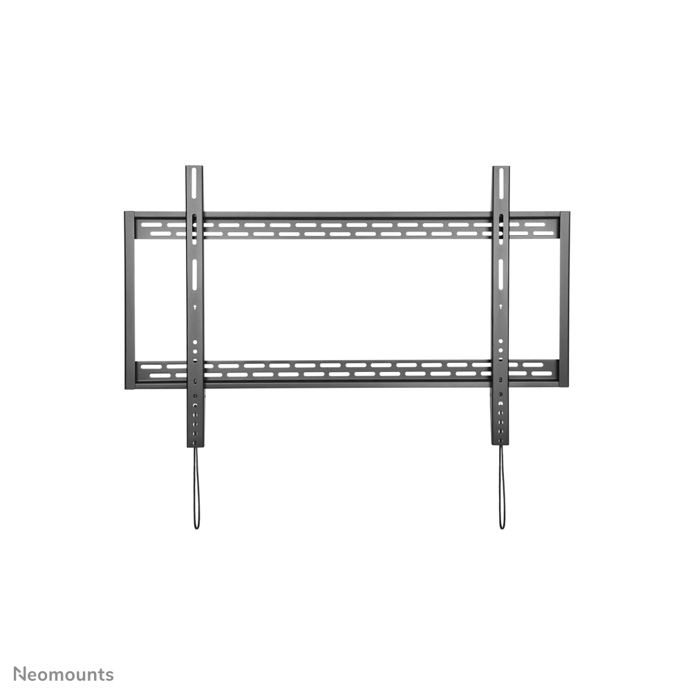 Un support mural TV gris foncé, avec barres métalliques horizontales et verticales. Il a de petits trous et des cordes noires.