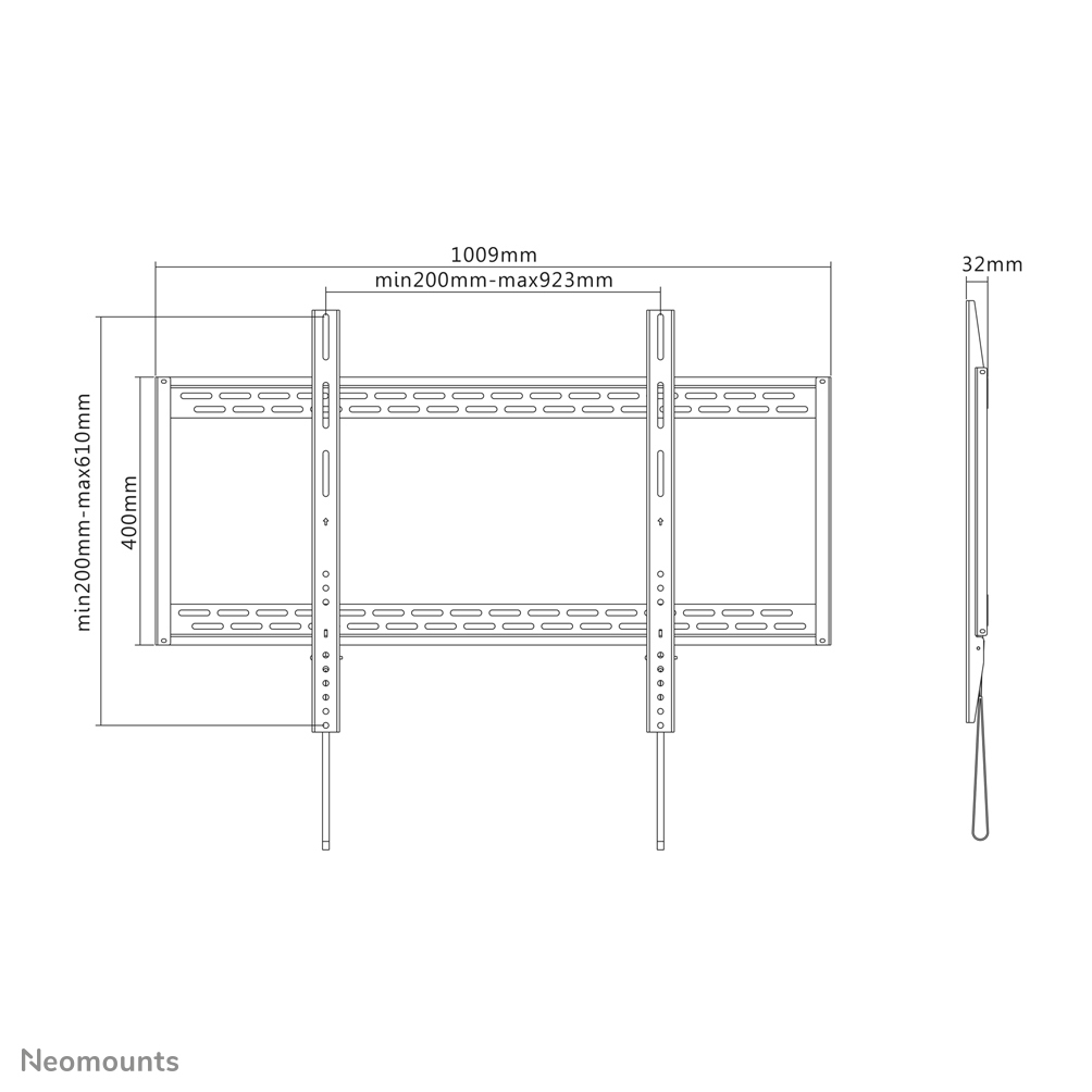Diagramme d'un support mural pour TV, montrant les dimensions en millimètres : largeur, hauteur et profondeur. Inclut la marque : Neomounts.