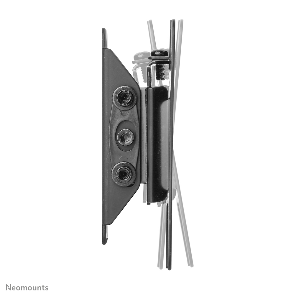 Un support de télévision en métal noir est présenté de côté. Il a une forme triangulaire avec trois vis. Le support est sur fond blanc.