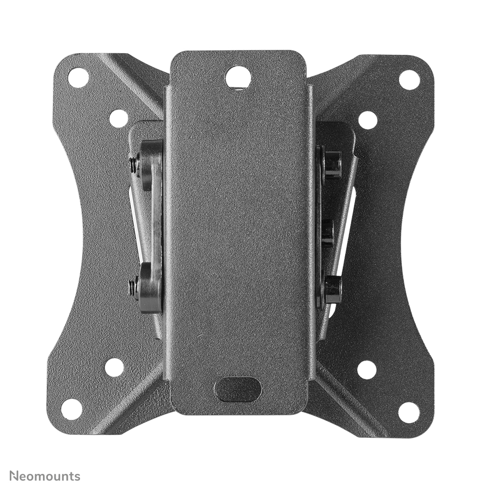 Un support TV en métal gris. Il comporte plusieurs trous de fixation et une section centrale rectangulaire avec charnières et boulons.