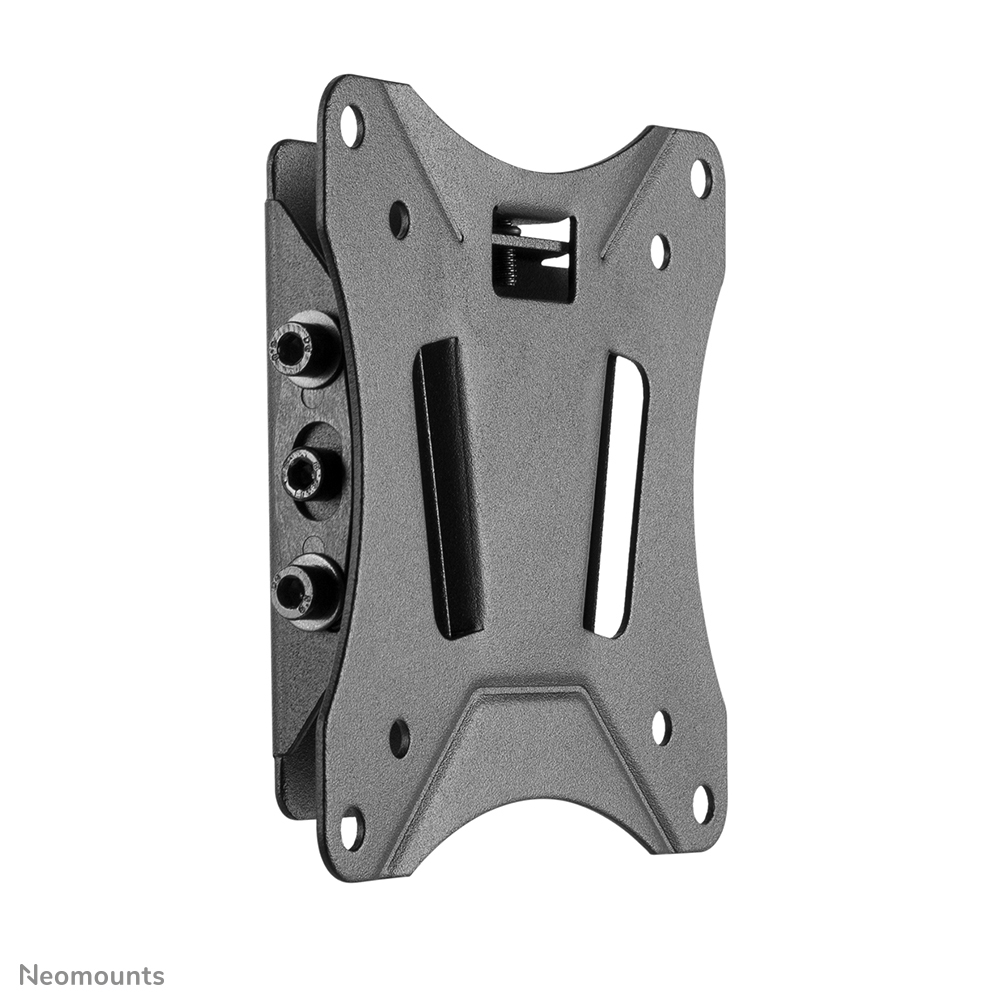 Un support de téléviseur en métal gris foncé sur fond blanc. Il comporte plusieurs trous de vis et fentes pour l'ajustement.