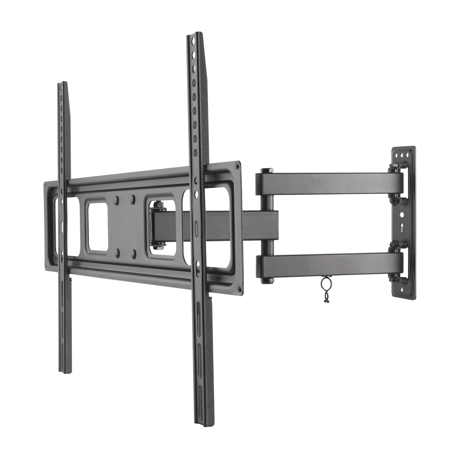 Soporte de pared para TV negro sobre fondo blanco. Tiene brazos articulados y soportes de montaje. Está diseñado para sujetar un televisor.