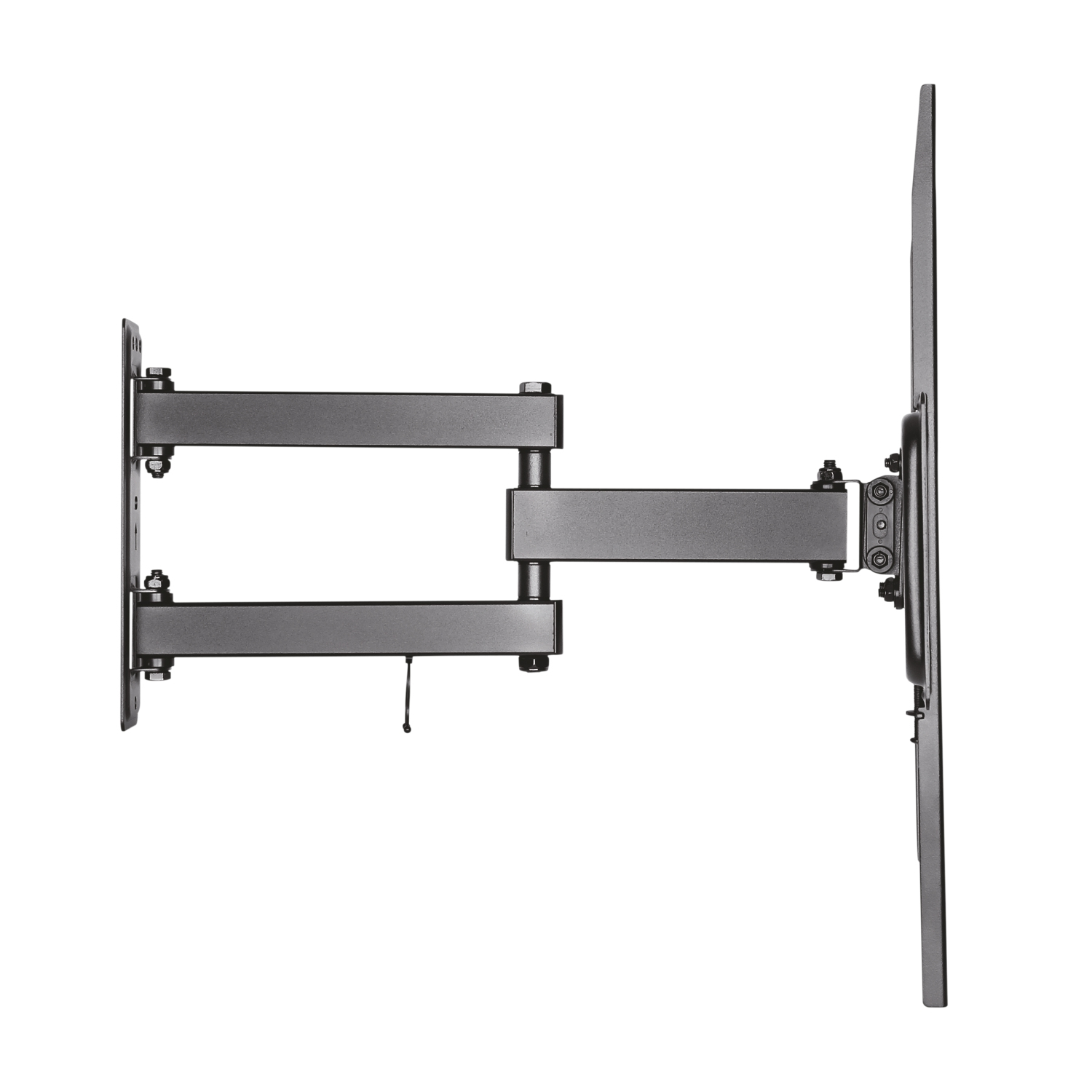 Un soporte de pared para TV gris articulado se muestra sobre un fondo blanco. Tiene múltiples articulaciones y un soporte para montar un televisor.