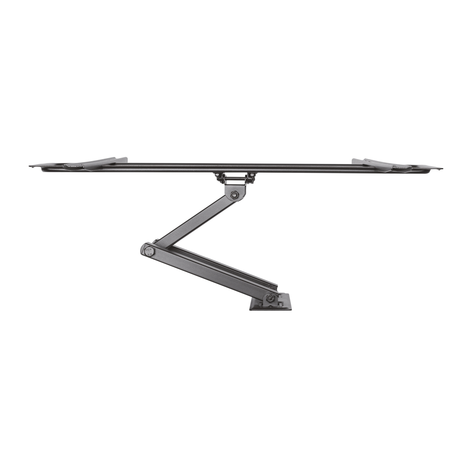 Un brazo gris metálico ajustable, posiblemente para un monitor. Tiene una barra horizontal y un soporte en zigzag que se extiende hacia abajo.