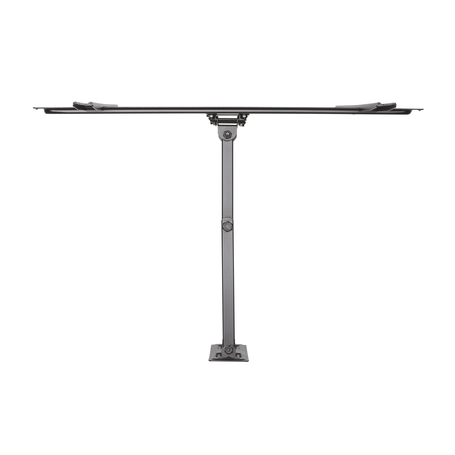Un marco de mesa de metal negro. Tiene un soporte central vertical y brazos horizontales. El fondo es blanco.