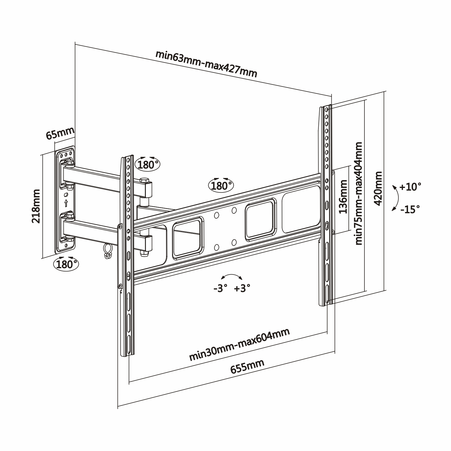 Un soporte de pared para TV negro con medidas y ángulos. Incluye dimensiones como 65 mm, 218 mm, 420 mm y ángulos como 180° y -3°.