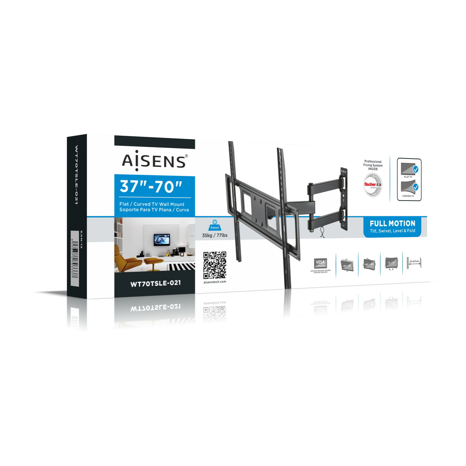 Una caja para un soporte de pared para TV. La caja dice 'AISENS', y '37"-70"', también 'Flat/Curved TV Wall Mount'. Un soporte de TV está al frente.