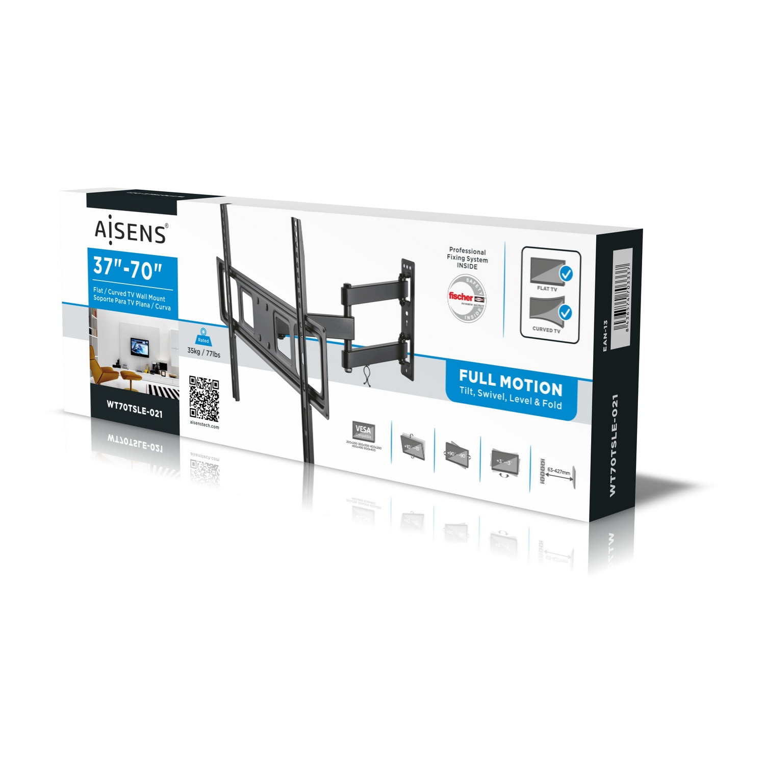 Caja para un soporte de pared para TV. La caja tiene texto e imágenes que muestran características como soporte para TV plana y curva.