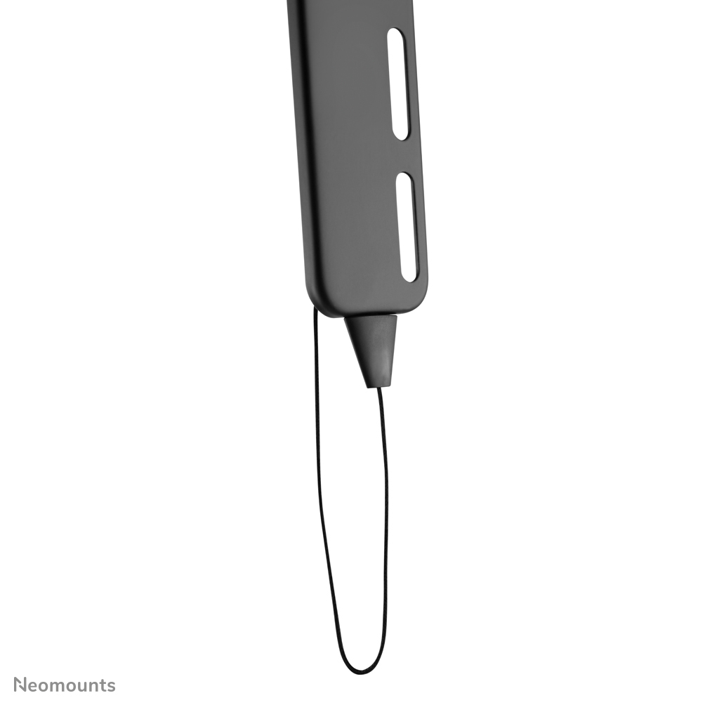 A black device with two holes and a black string hanging from it. The background is plain white. The brand name is Neomounts.