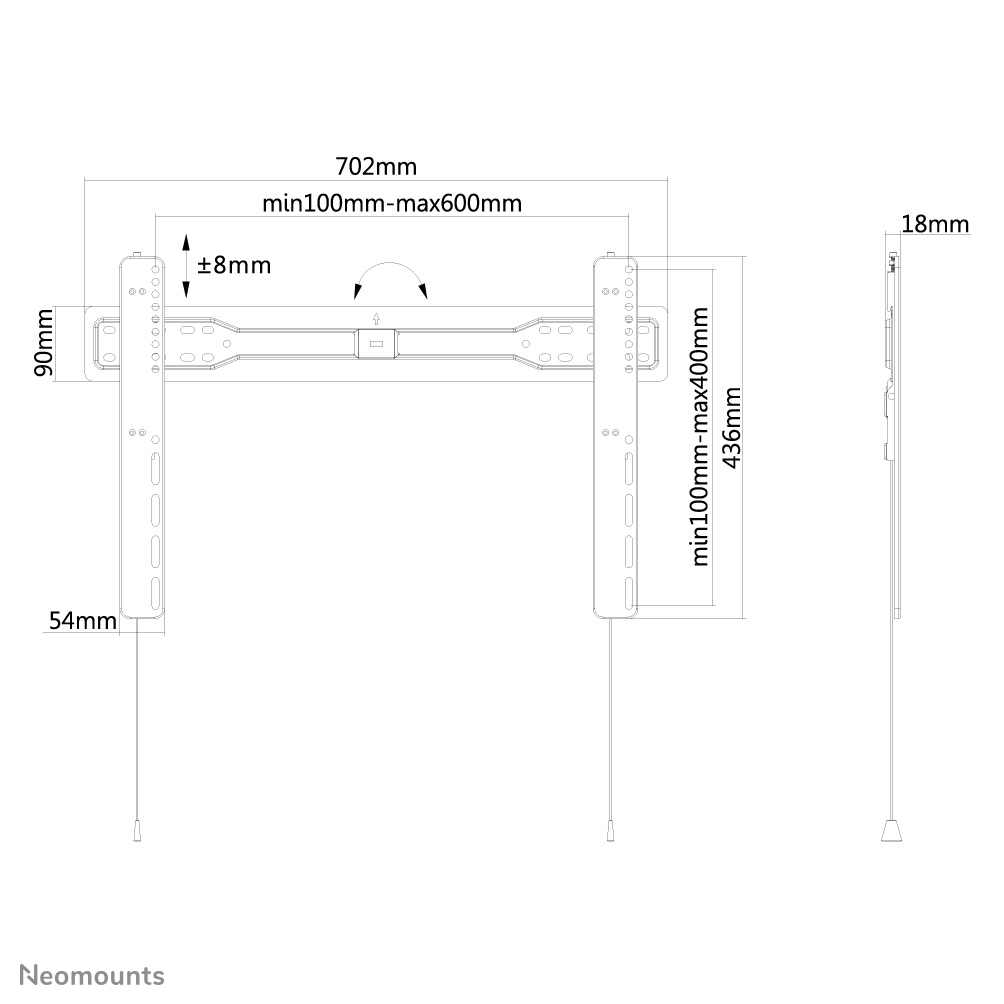 Technical drawing of a TV wall mount. Shows dimensions: 702mm width, 90mm height, and other measurements in millimeters.