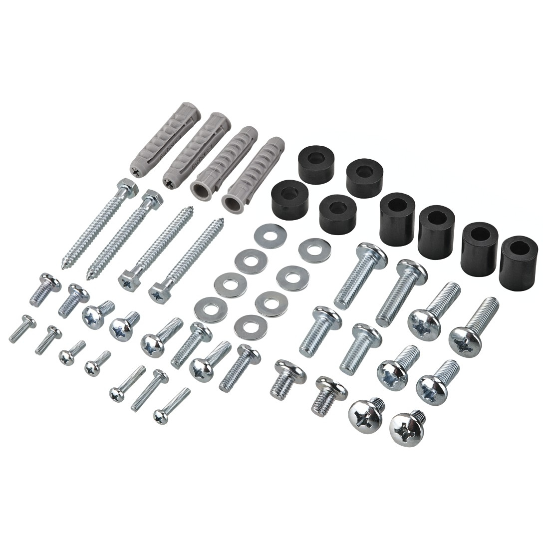 Verschiedene Hardware-Artikel auf weißem Hintergrund. Enthält Schrauben, Unterlegscheiben, Kunststoffdübel und schwarze zylindrische Abstandshalter.