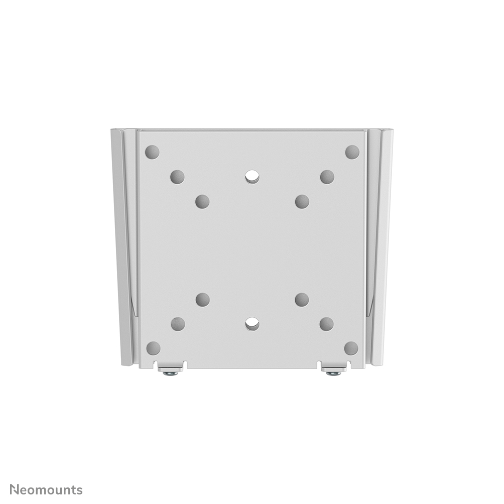 Een witte, rechthoekige metalen beugel met meerdere gaten en noppen voor montage, ontworpen om een scherm vast te houden. Twee kleine bouten onderaan.