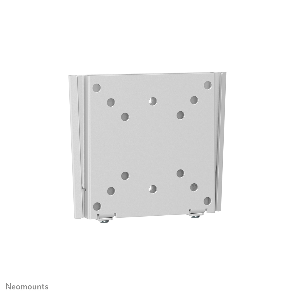 Een zilveren, vierkante tv-beugel met meerdere gaten. Twee kleine voetjes zijn zichtbaar aan de onderkant, samen met het 'Neomounts' logo.