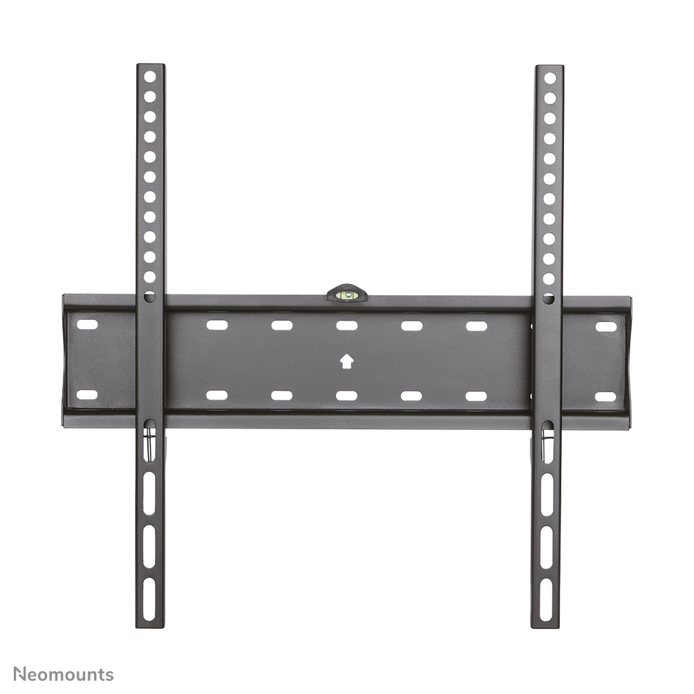 Un kit de fixation murale pour téléviseur noir. Il comporte deux rails verticaux et une base horizontale avec plusieurs trous de vis et un niveau.