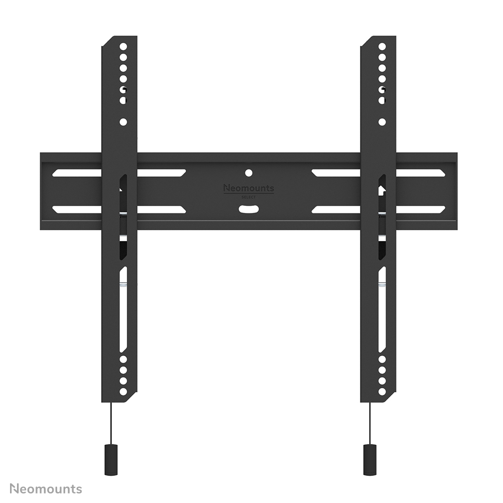 A black TV wall mount with the 'Neomounts' logo. It has multiple holes and slots for adjustment, with two hanging cords.
