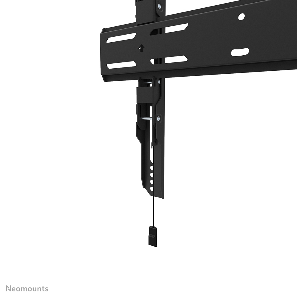 A black, wall-mounted TV bracket, with a hanging component. The bracket is attached to a white background. Neomounts logo at the bottom.