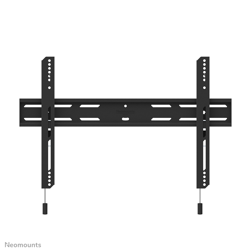 Schwarze TV-Wandhalterung. Horizontale Leiste mit Schlitzen und vertikale Leisten mit Löchern. Die Marke "Neomounts" ist sichtbar.