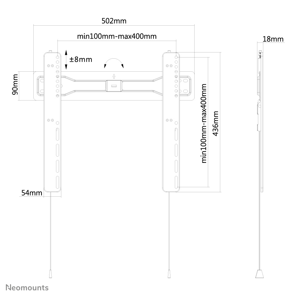 Een technische tekening van een tv-beugel. Afmetingen zijn in millimeters. De beugel is wit en heeft verschillende gaten.