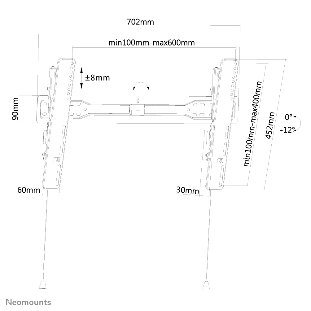 Een witte muurbeugel met afmetingen. Inclusief afmetingen zoals 702 mm, 90 mm, 60 mm, 30 mm en verstelbare hoeken.