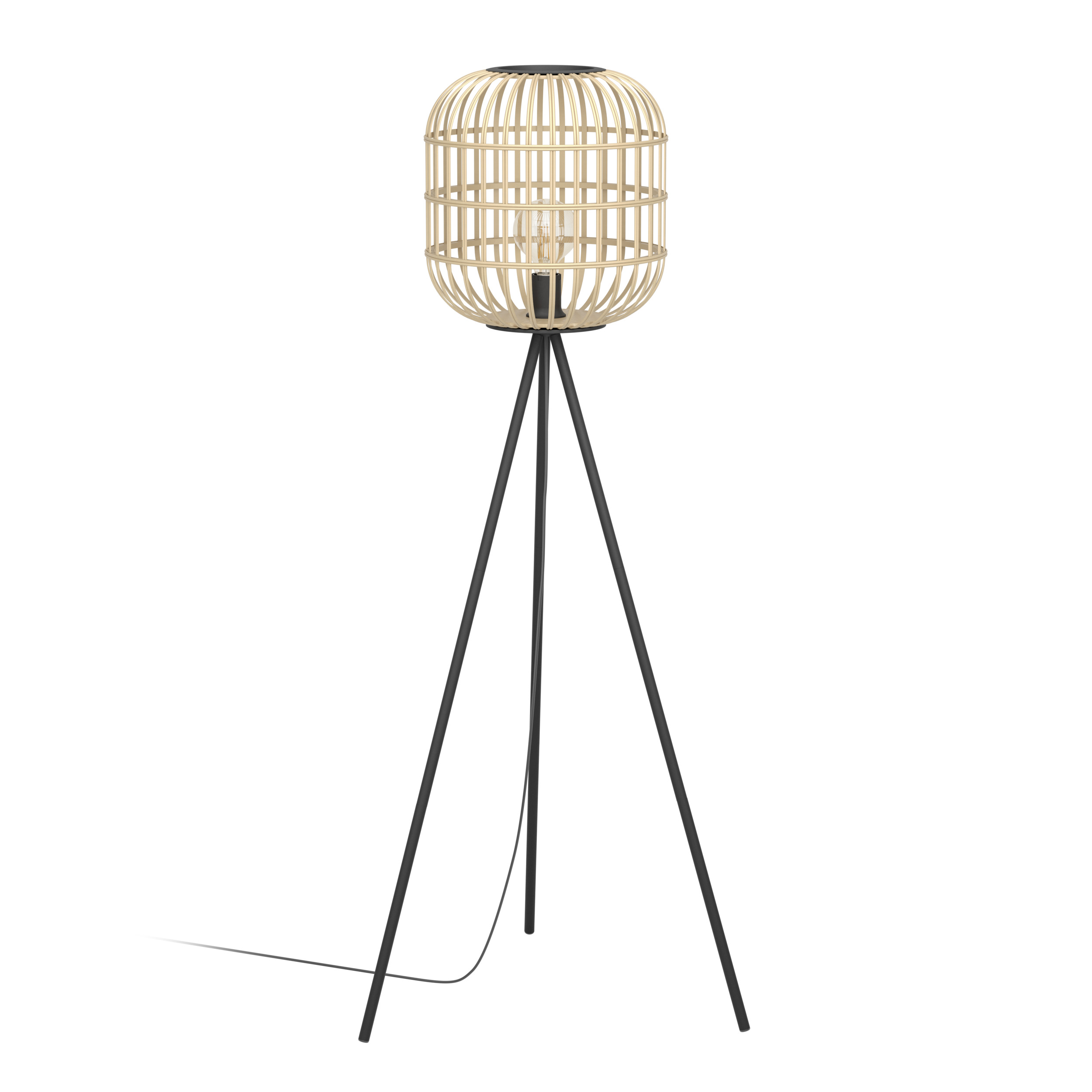Un lampadaire avec un abat-jour beige en forme de cage sur des pieds trépied noirs. Un cordon d'alimentation sort de la base.