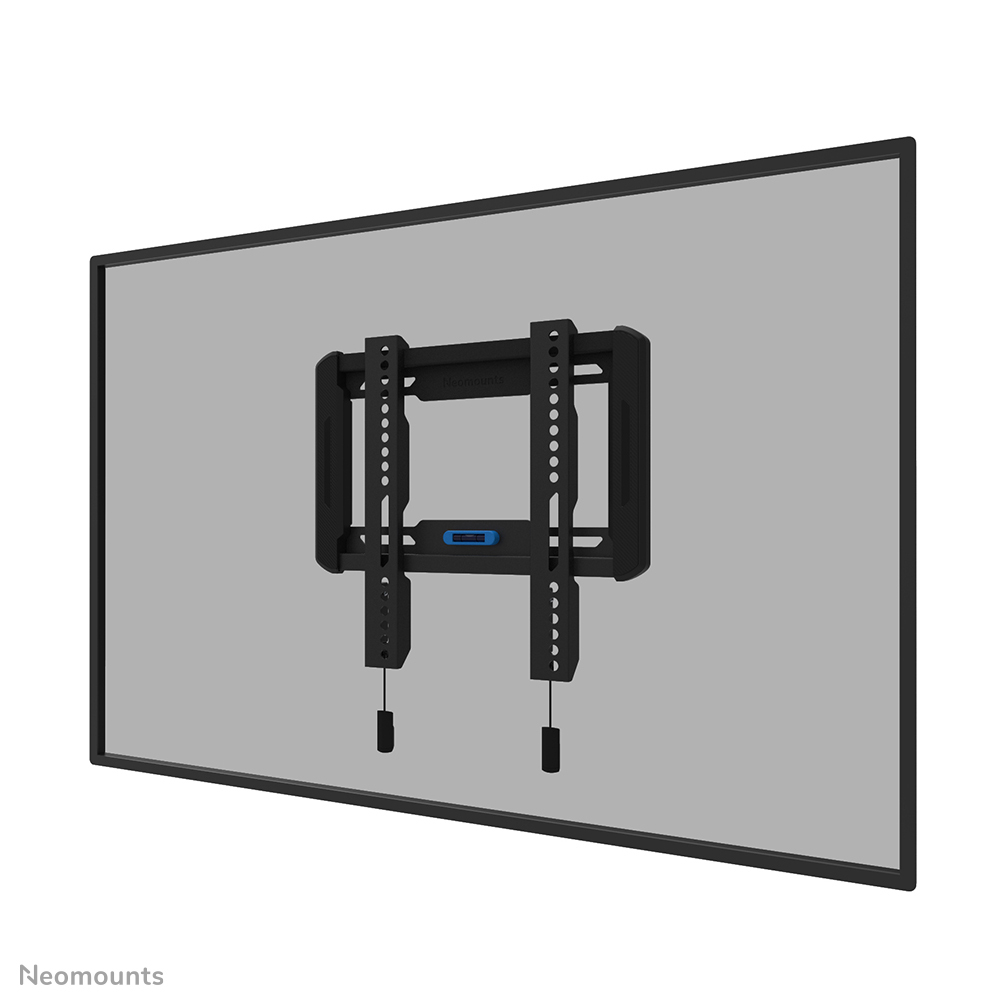 Een zwarte tv-muurbeugel is gecentreerd op een grijs scherm, binnen een zwart frame. De beugel heeft verticale balken en een blauw onderdeel.