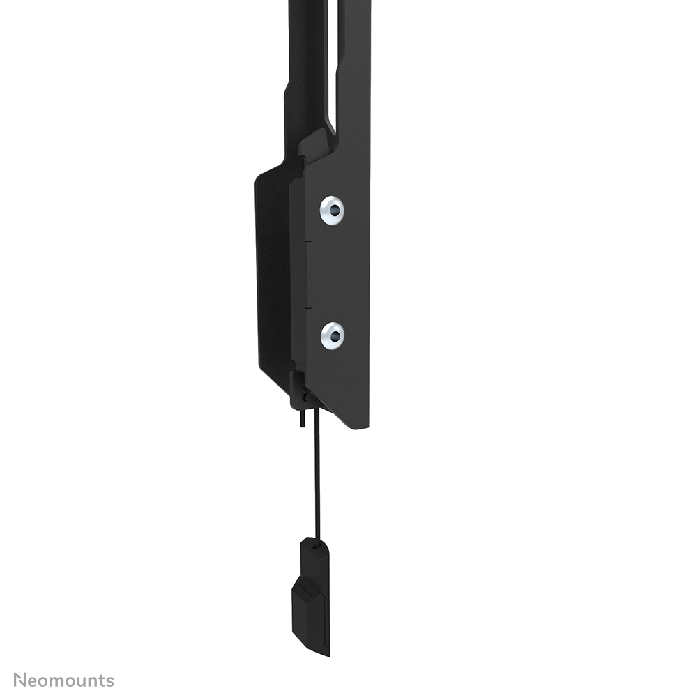 Een zwarte metalen beugel met twee schroeven, een zwart koord en een zwart plastic stuk dat eraan hangt op een witte achtergrond.
