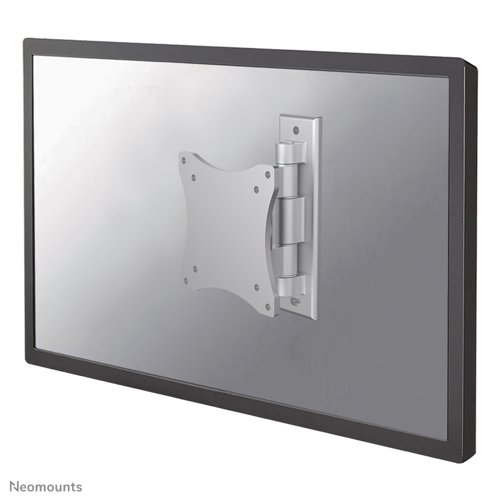 Een zilveren tv-beugel is bevestigd aan de achterkant van een monitor met zwart frame. De beugel heeft een scharnier en een vierkante plaat.