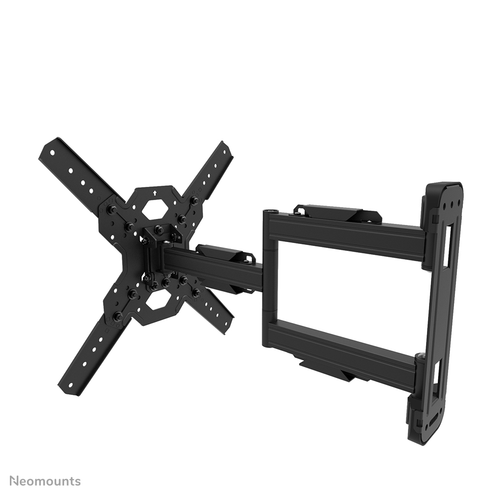 Eine schwarze Wandhalterung für einen Fernseher. Sie hat eine X-förmige Halterung und einen rechteckigen Rahmen mit mehreren Löchern und Bolzen.