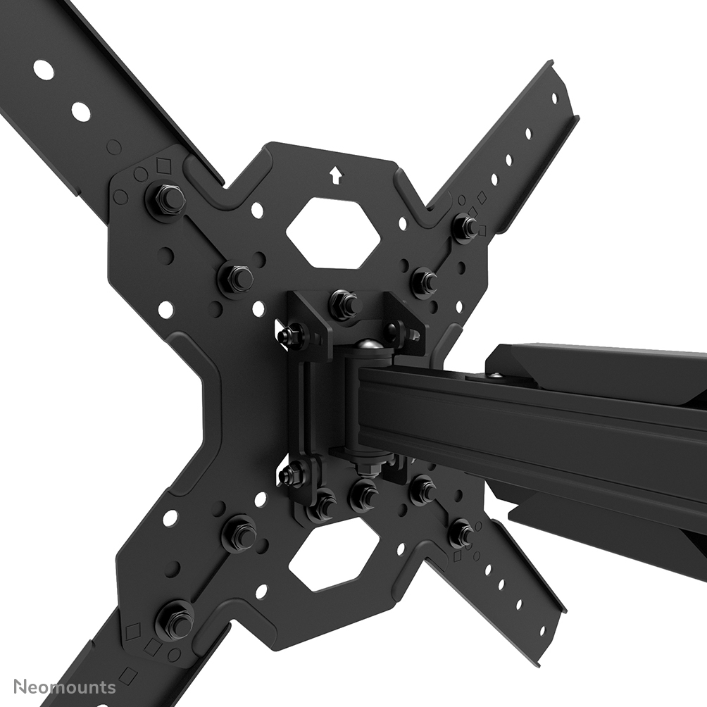 Schwarze Metall-TV-Halterung mit mehreren Armen und Schrauben. Die Halterung befindet sich vor einem weißen Hintergrund.