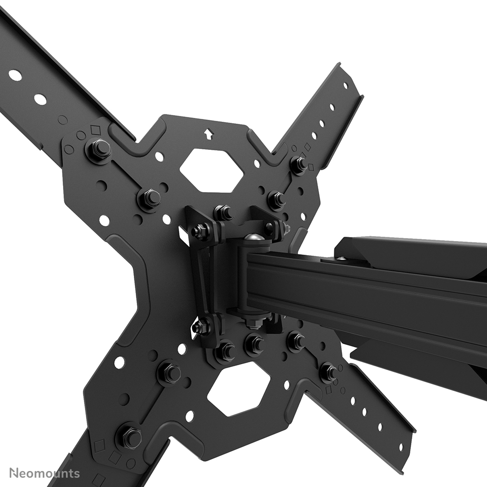 Schwarze Metall-TV-Halterung. Mit zentraler Halterung und nach außen verlaufenden Armen, gesichert mit Bolzen und Schrauben. Sechseckiger Ausschnitt und Löcher.