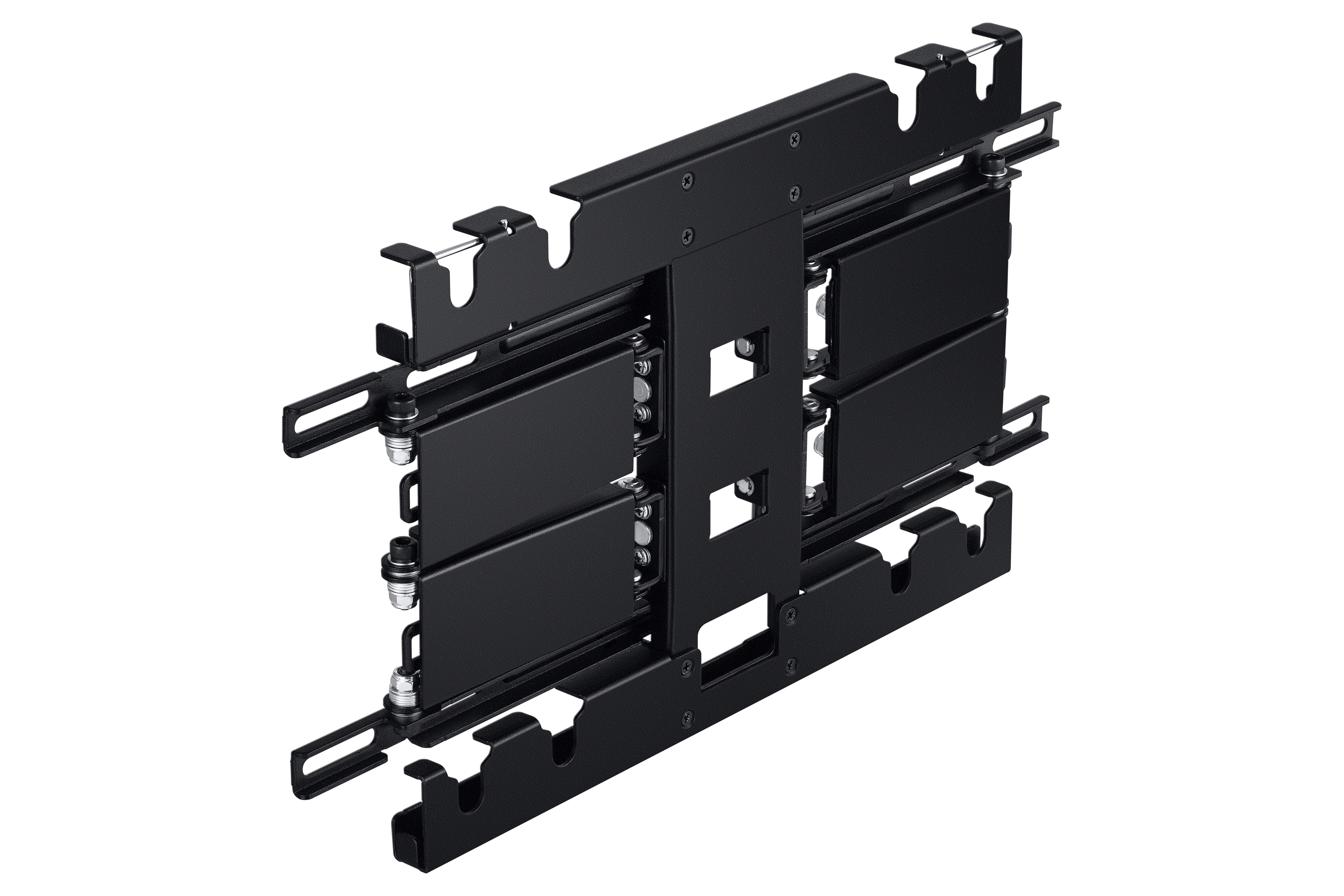 Support TV en métal noir. Il comporte plusieurs pièces réglables et des vis sur fond blanc.