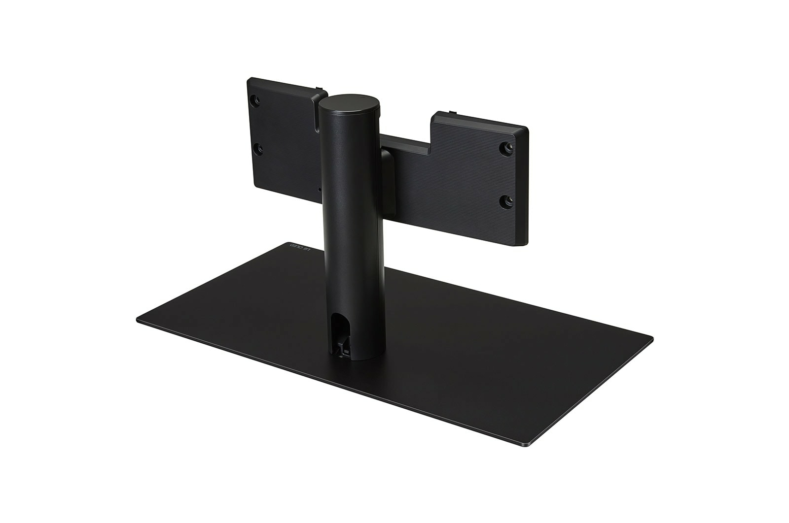 Un soporte de TV negro. Tiene una base rectangular, un poste central y un soporte para montar la pantalla.