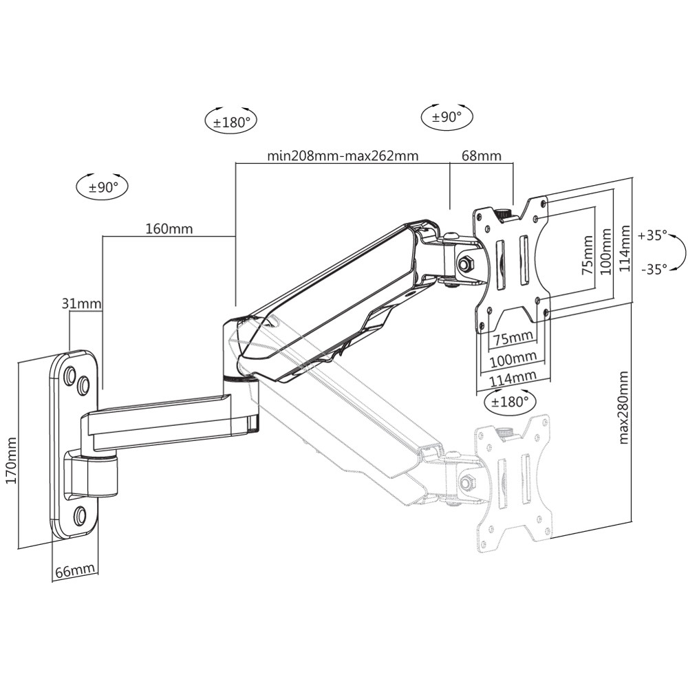 Diagramma di un braccio per monitor. Mostra dimensioni e angoli, tra cui 170 mm, 160 mm e angoli di ±90° e ±180°.