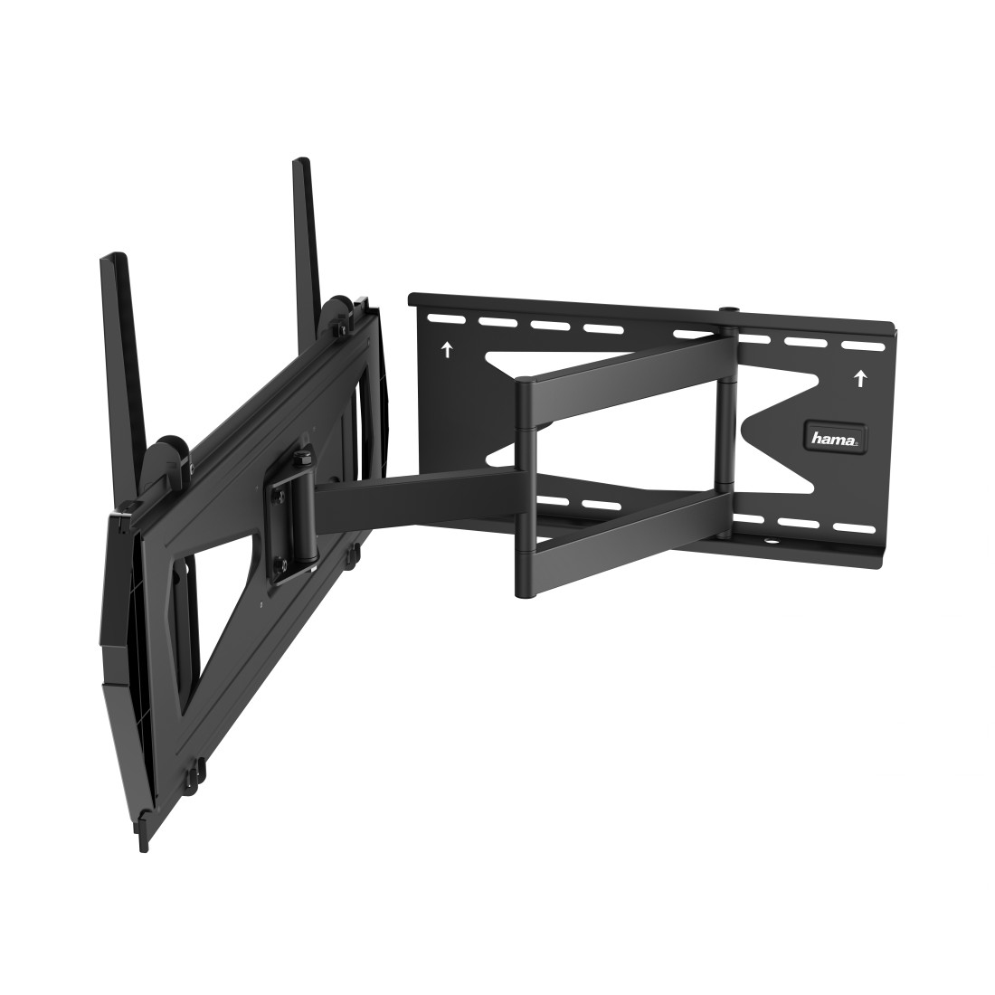 Eine schwarze TV-Wandhalterung. Sie hat mehrere Gelenkarme, Montagehalterungen und das Hama-Logo. Pfeile zeigen nach oben.