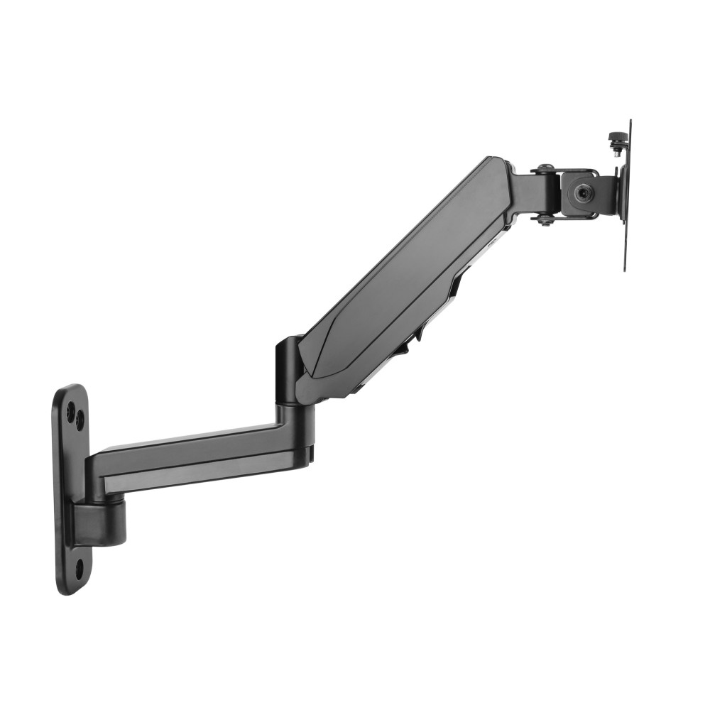 Un braccio articolato nero per monitor è mostrato su sfondo bianco. Ha diverse articolazioni e punti di montaggio.