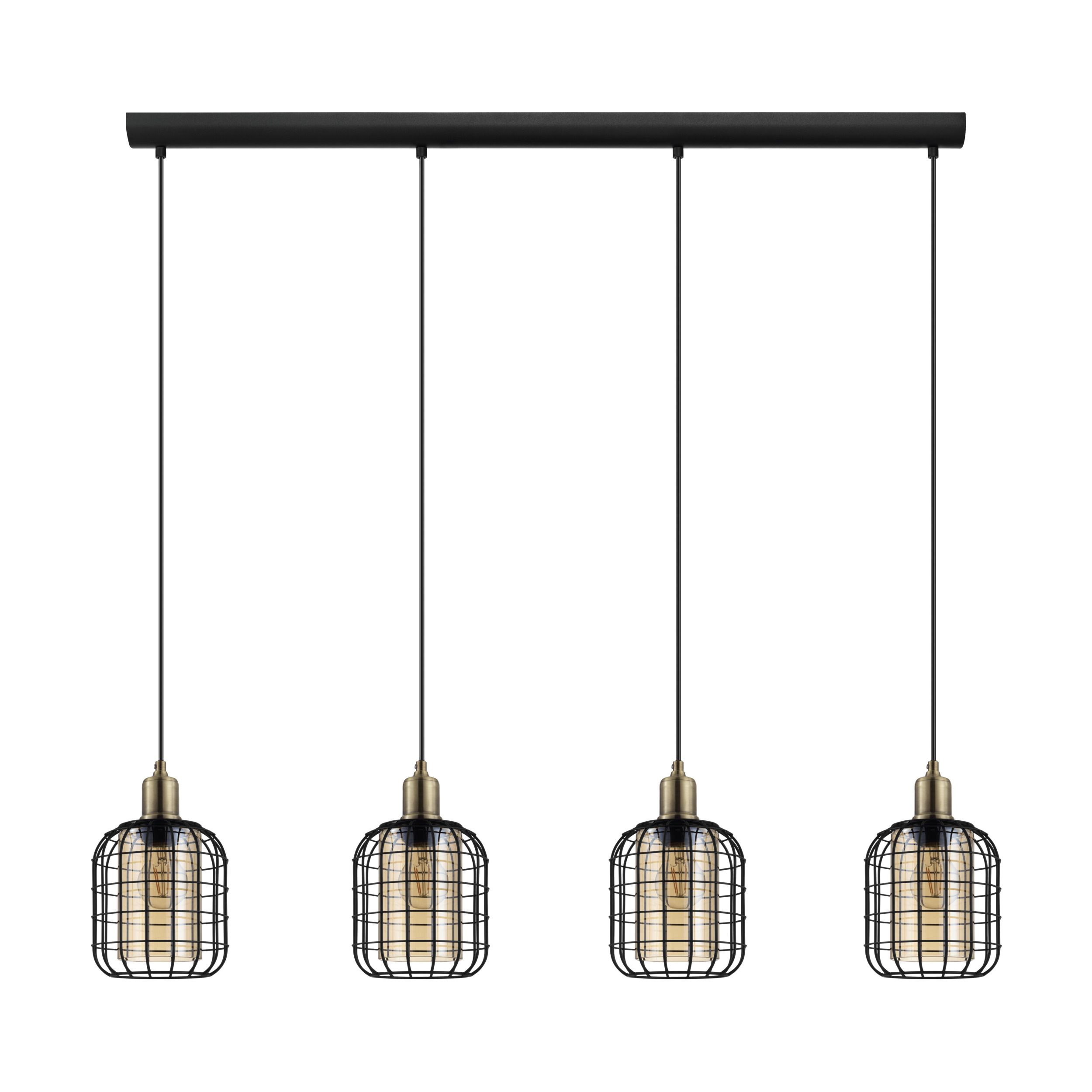 Quattro lampade a sospensione con gabbie in metallo nero e dettagli in ottone. Appese a una barra nera su sfondo bianco.