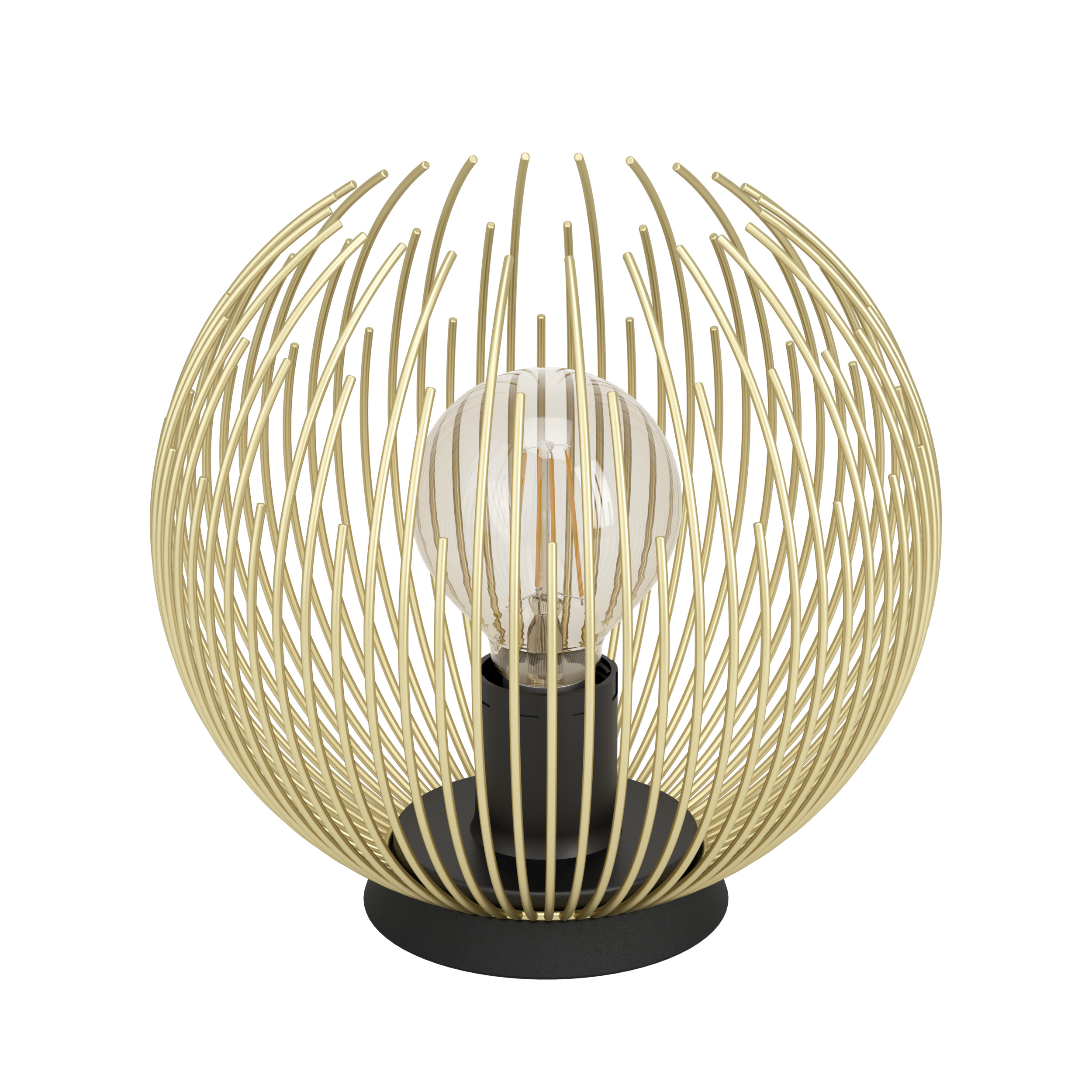 Una lampada in metallo dorato con un design a gabbia attorno a una lampadina. La base è nera.