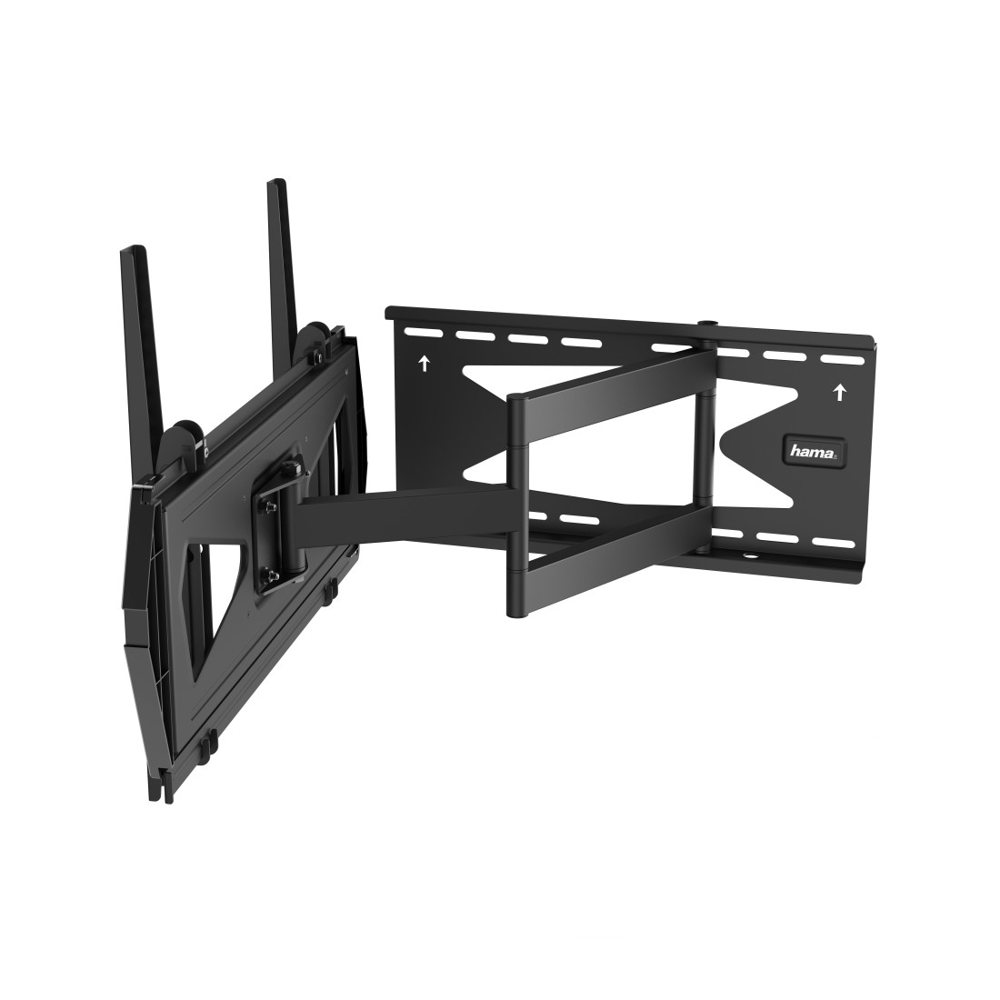 Un soporte de pared para TV negro, que consta de dos partes principales, conectadas por una articulación. La parte derecha tiene el logo 'hama'.