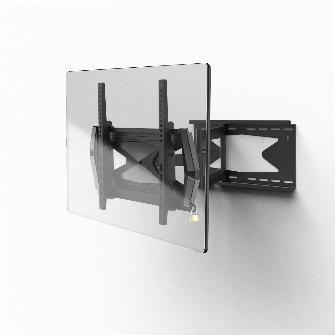 Un soporte de TV negro está fijado a una pared blanca. Un panel transparente está al frente. Se ve un pequeño candado dorado.