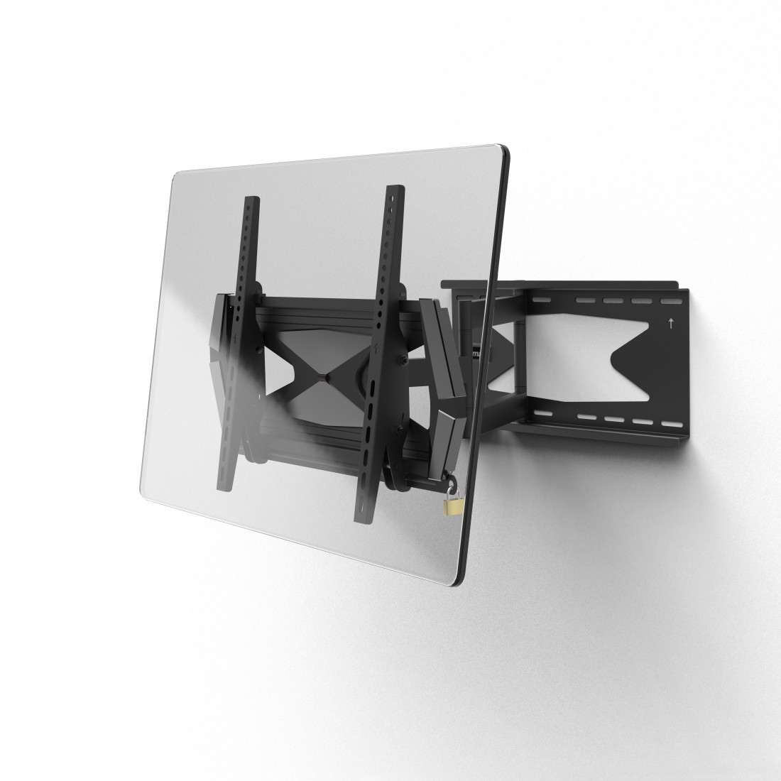 Soporte de pared para TV negro con vidrio transparente. Está fijado a una pared blanca. Se ve un candado dorado.