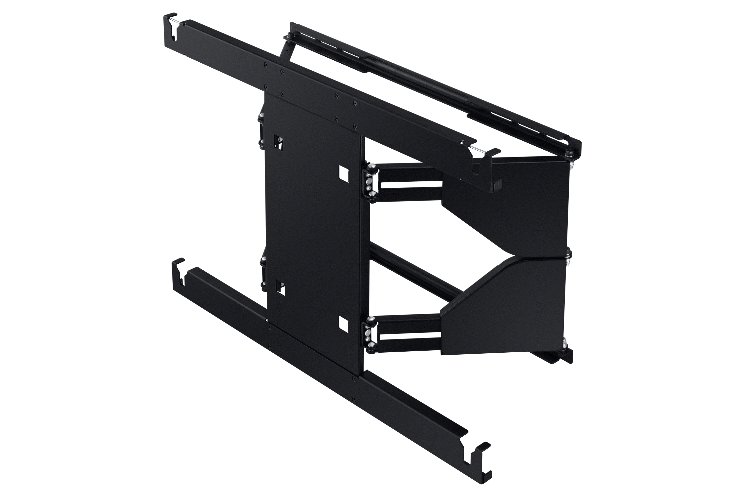 Un support métallique noir avec plusieurs pièces et points de montage, sur fond blanc.