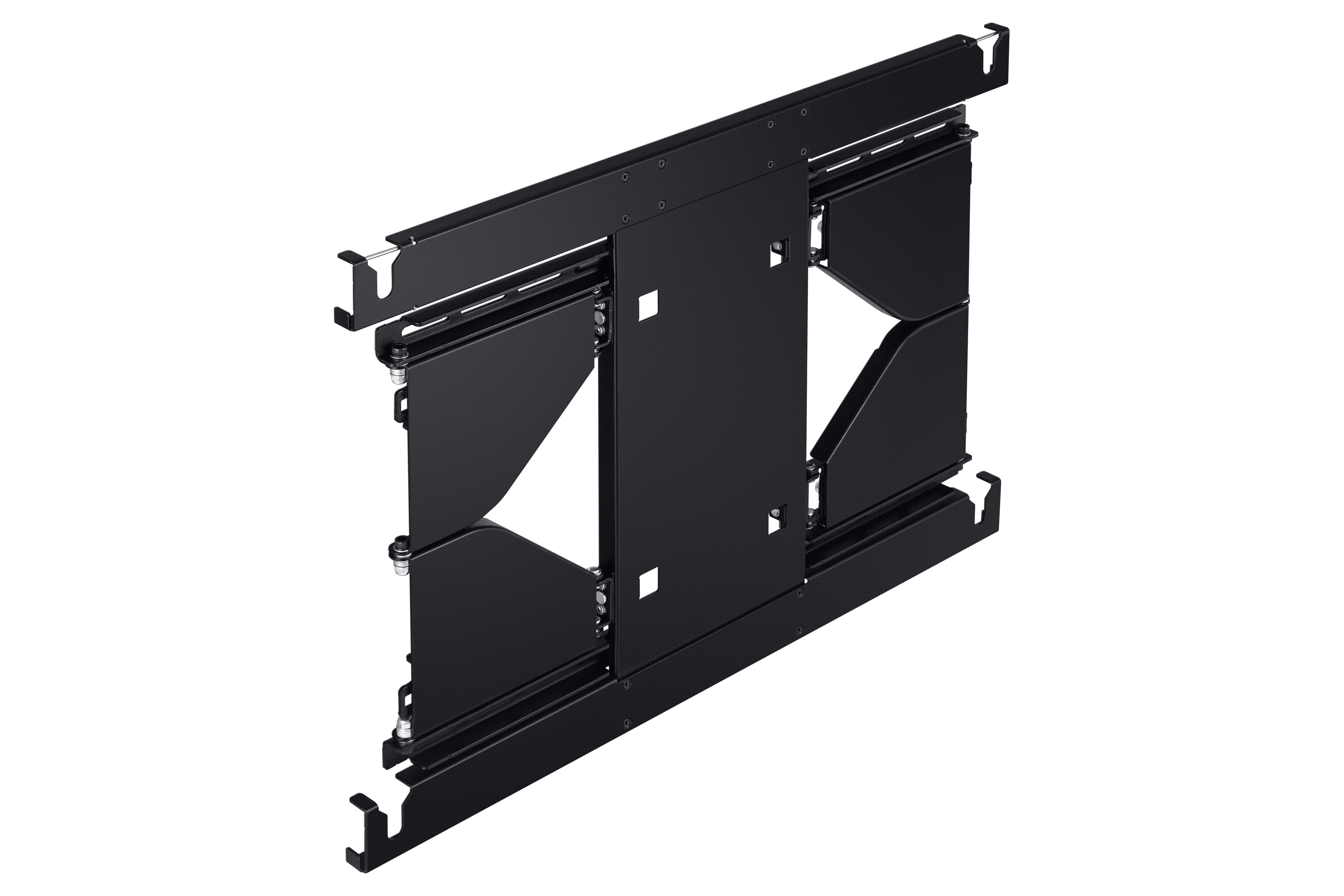 Support de rack en métal noir avec panneaux coulissants, matériel visible. Isolé sur blanc. Composants métalliques et industriels.
