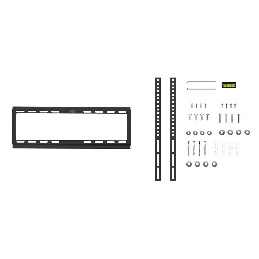 Black TV mount kit with frame, mounting rails, screws, level, and washers on white background.