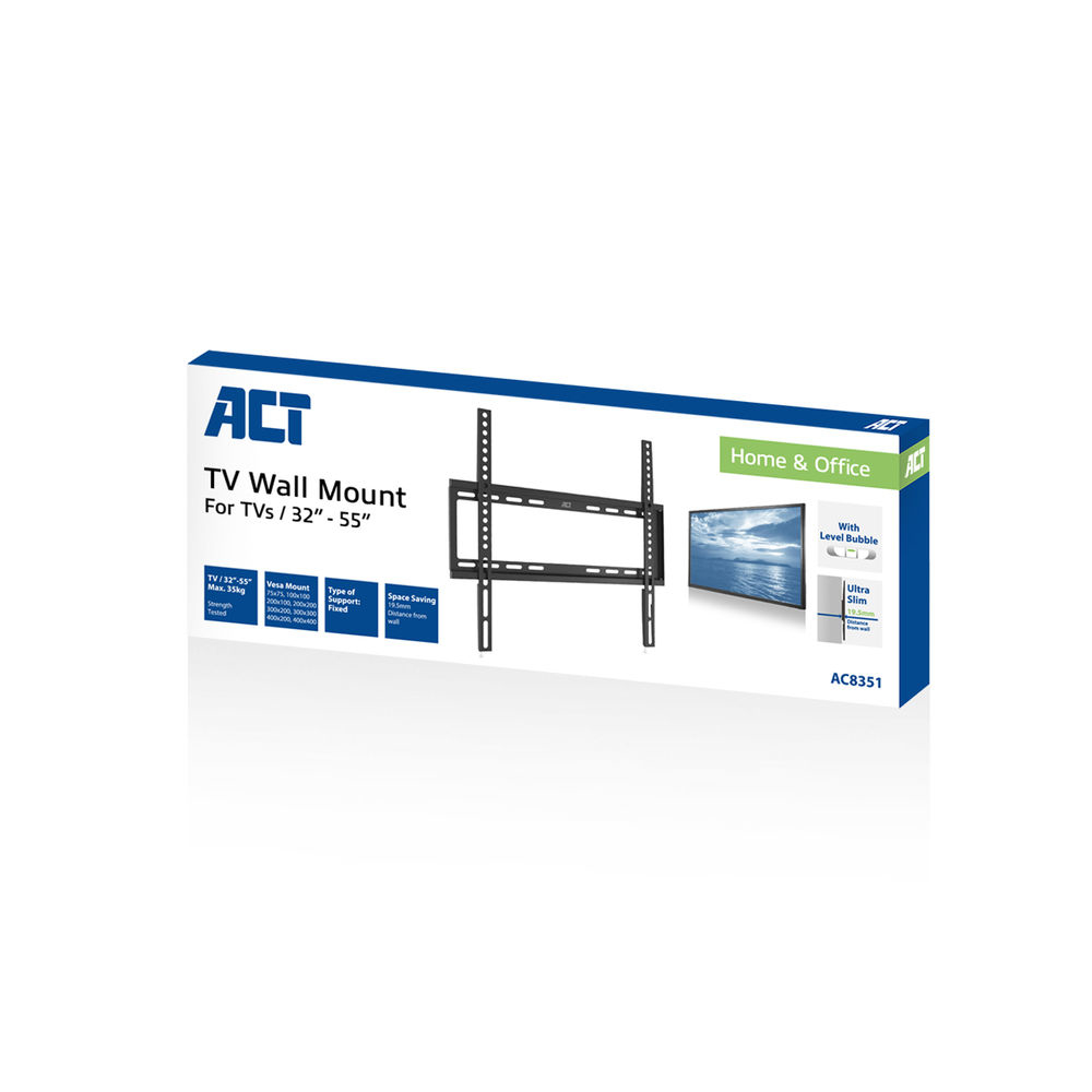 A box for a TV wall mount, black mount with specifications, TV screen image, and 'Home & Office' text on a white background.