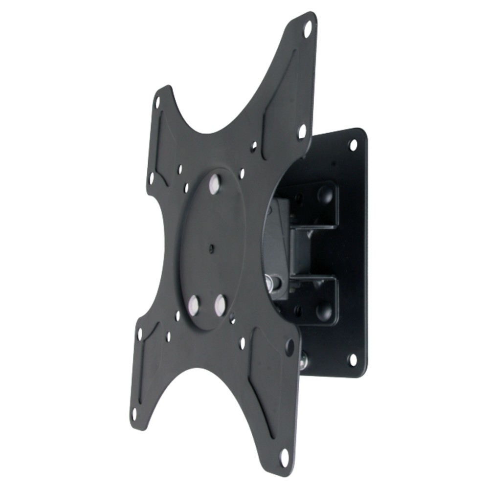 Eine schwarze, metallische TV-Wandhalterung, leicht angewinkelt. Die Halterung hat mehrere Löcher und einen kreisförmigen Mittelteil.
