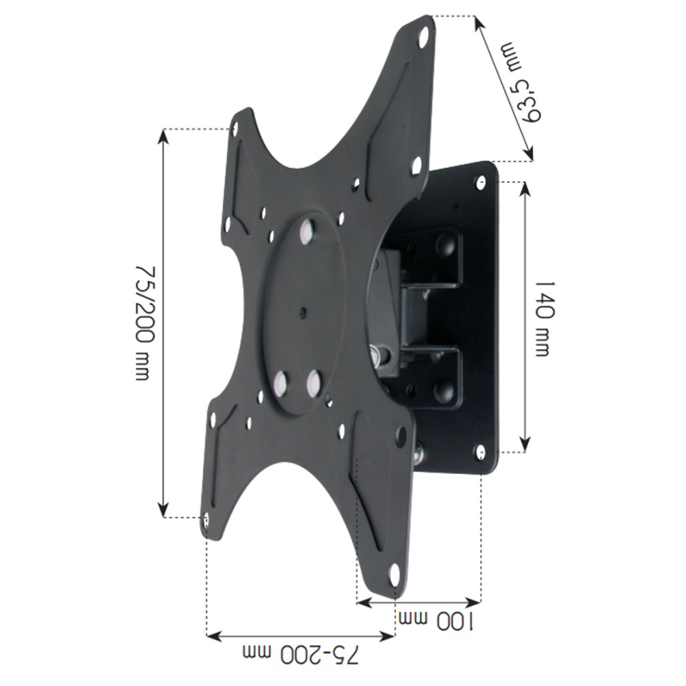 Schwarze TV-Wandhalterung aus Metall mit Maßangaben. Enthält Maße von 75/200 mm, 63,5 mm, 140 mm und 75-200 mm.